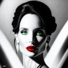 Monochromatic portrait of woman with red lips and intricate earrings