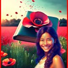 Woman with vivid makeup surrounded by poppies and butterflies with surreal floating book