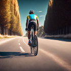 Cyclist in Blue and Yellow Jersey on Sunlit Road Among Tall Brown Trees