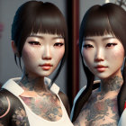 Two girls with floral tattoos and face flowers in white outfits with lotus patterns