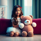 Young girl with brown hair in festive outfit next to Santa toy in snowy Christmas scene