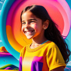 Curly-haired girl in colorful outfit with concentric circles, standing in front of vivid landscape with wheat