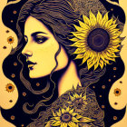 Stylized portrait of young girl in flower-patterned attire against cosmic backdrop