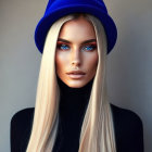 Blond person with brown eyes in black turtleneck and blue hat