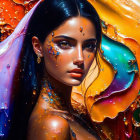 Vibrant digital artwork of a woman with blue eyes and glitter cheeks amid colorful flowers.