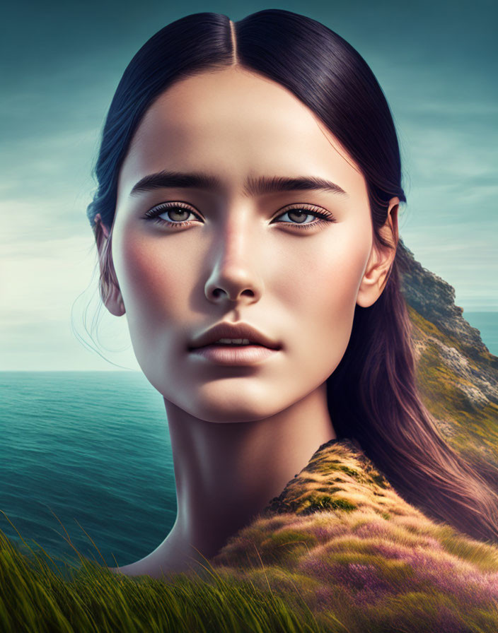 Woman's face blending into coastal landscape with lush greenery and calm sea