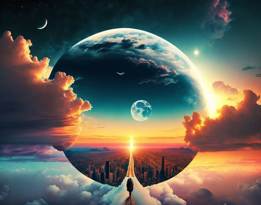 Fantastical sunset cityscape with aligned planets and glowing horizon