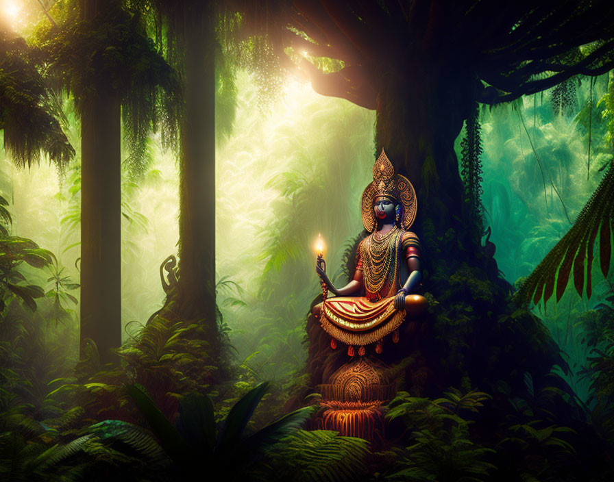 Illustration of multi-armed deity in forest with candle and sunlight.