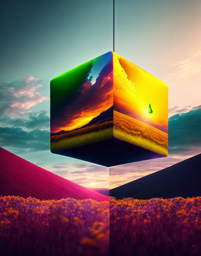 Surreal floating cube with landscape faces on split background