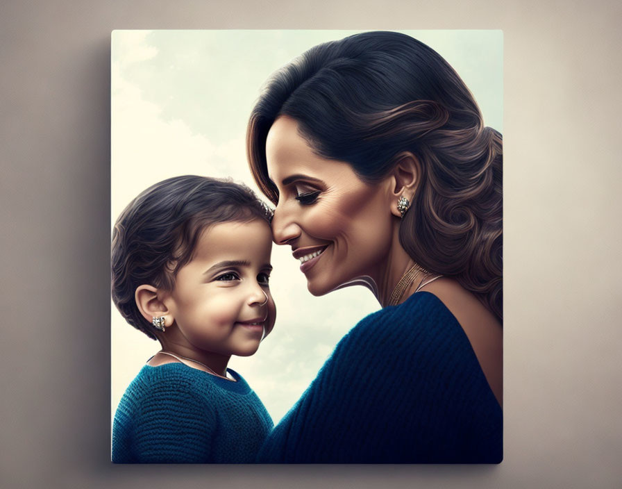 Smiling woman and child in blue tops against cloudy sky