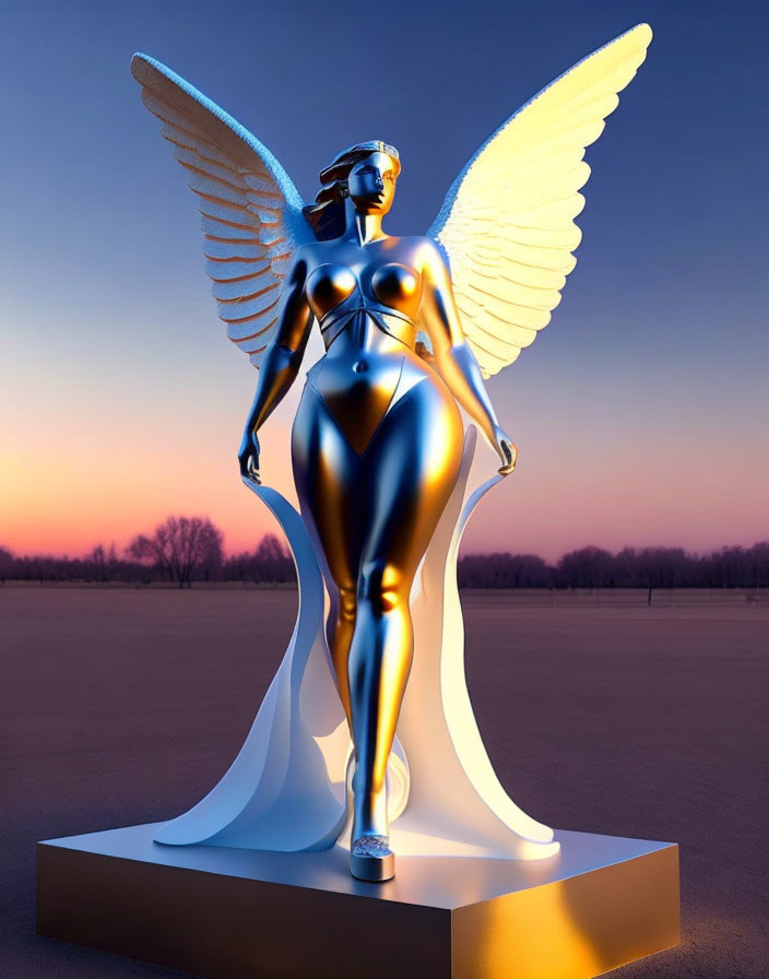 Metallic futuristic angel statue with expansive wings against twilight sky.