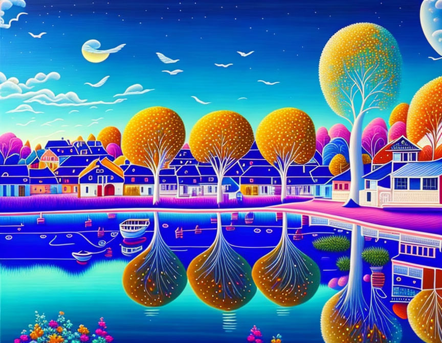 Colorful riverside village painting with glowing foliage and crescent moon