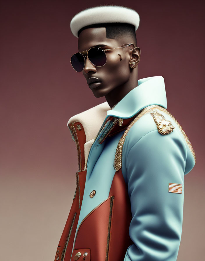 Fashionable individual in flat top haircut, sunglasses, blue jacket with gold epaulettes and fringe