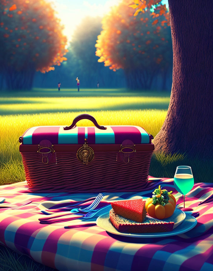 Vibrant picnic scene with striped blanket, wicker basket, food, wine, and autumn trees