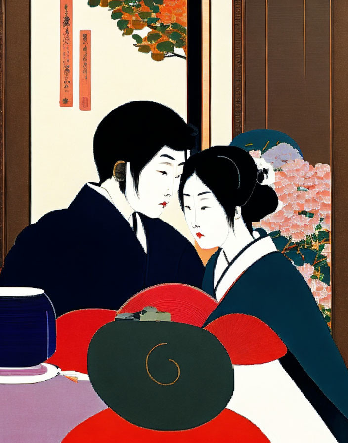 Traditional Japanese Couple in Kimonos with Flower Arrangement