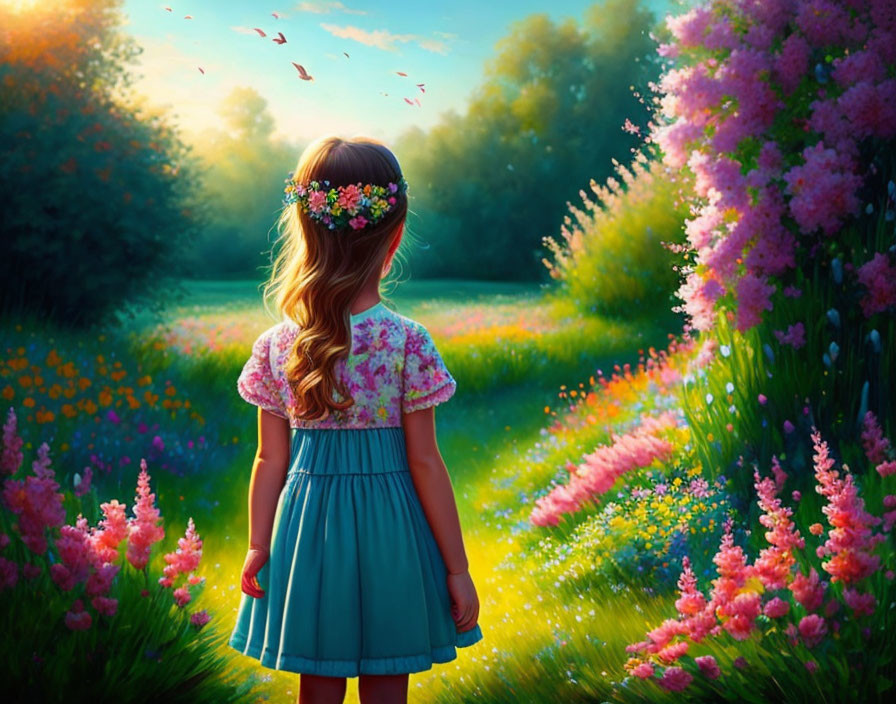 Young girl in floral headband admires sunset in vibrant garden with floating petals