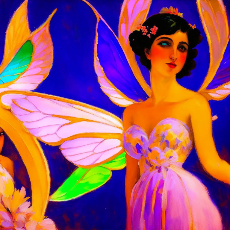 Colorful Fairy Painting with Large Wings and Pink Dress on Blue Background