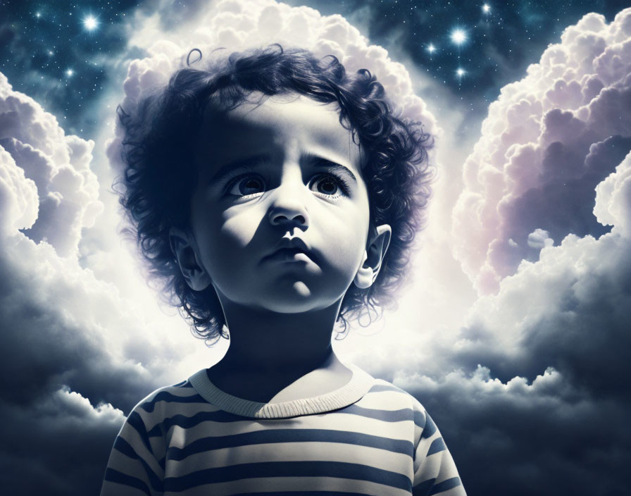 Curly-Haired Toddler Gazes at Dramatic Night Sky