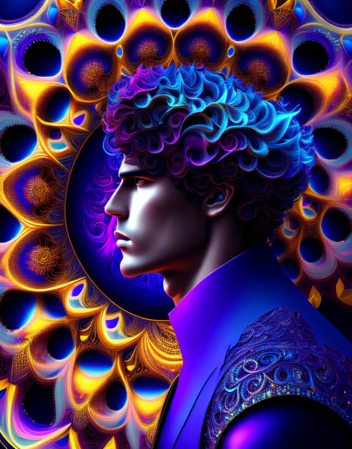 Blue-skinned person with curly hair in profile against ornate mandala background