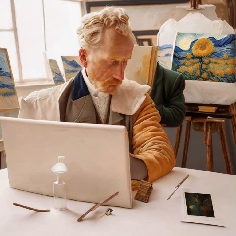 Vincent van Gogh-inspired figure at laptop with sunflower paintings.