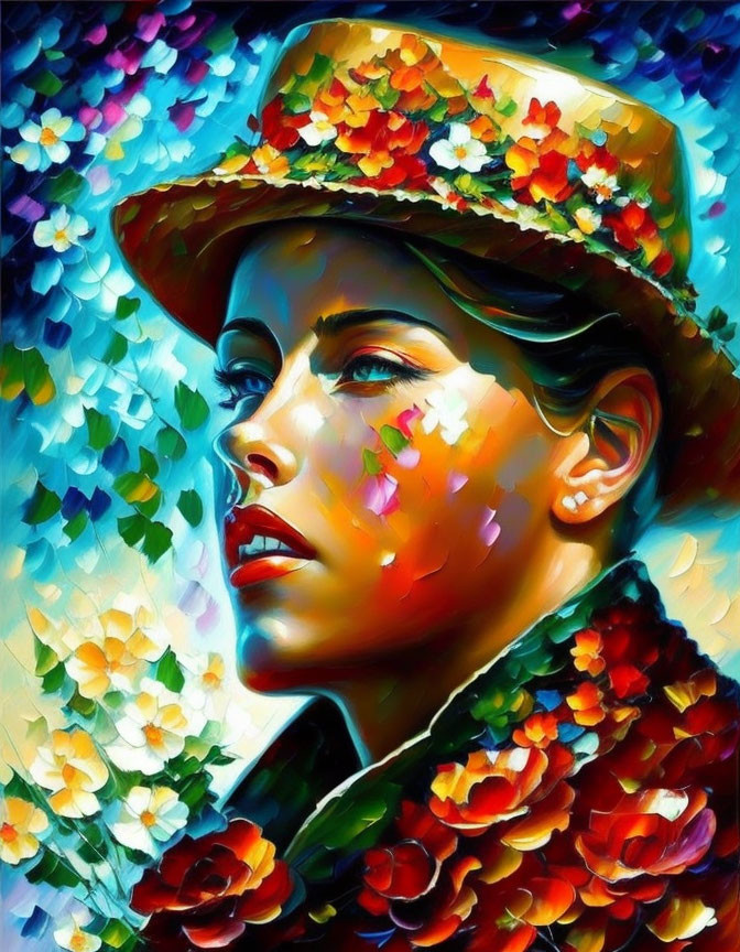 Vivid portrait of a woman with flowers in expressive painting style