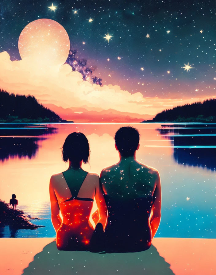 Couple by Lake Under Starry Sky with Moon Reflections