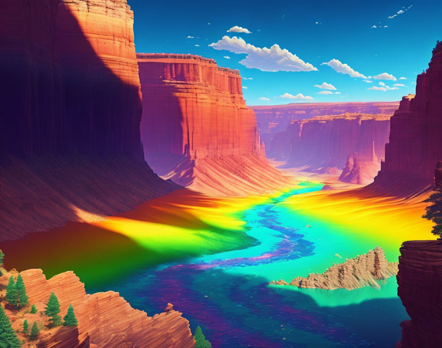 Colorful Canyon Landscape: Digital Artwork of Multicolored River and Red Rock Cliffs