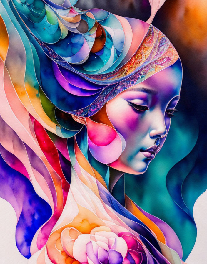 Colorful Artwork: Female Figure with Abstract Hair Patterns