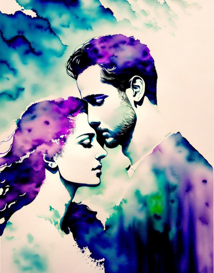 Colorful watercolor painting of man and woman embracing in blue and purple hues