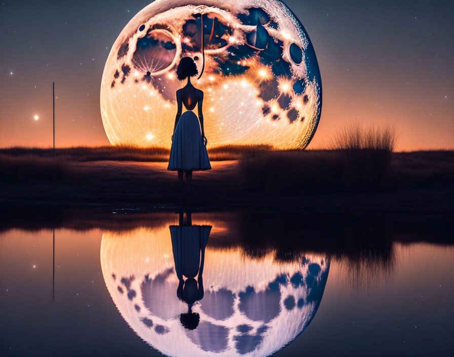 Person in dress standing by water under large moon reflection.