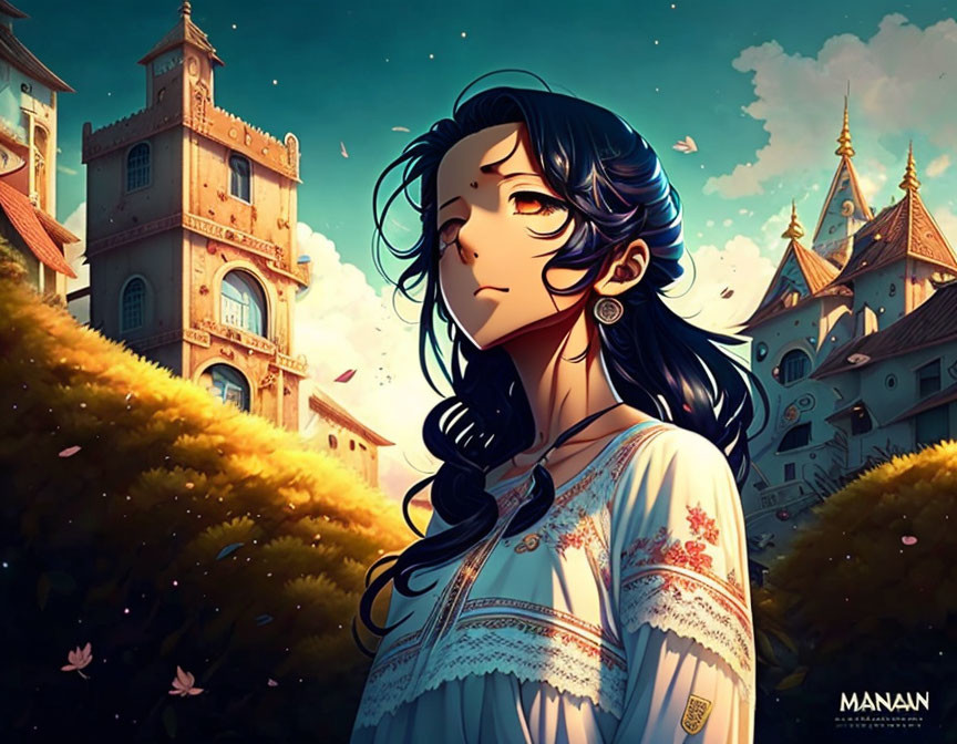 Digital artwork: Woman in white blouse at fantasy castle with sunlight and petals