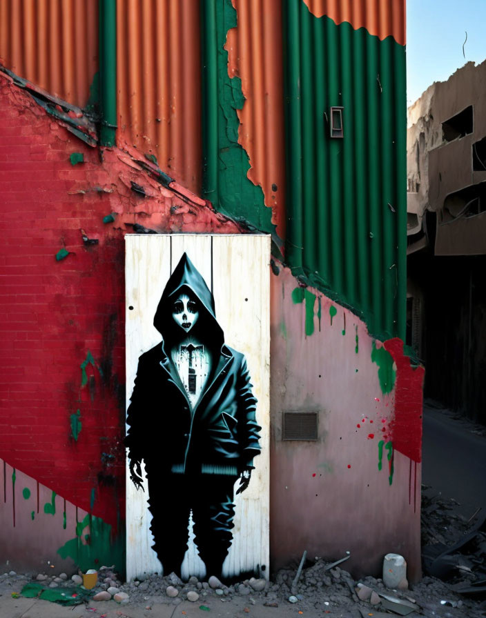 Graffiti Artwork: Figure in Hooded Outfit with Skull Face on Metal Door