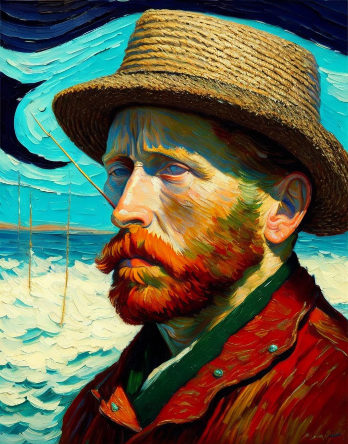 Colorful Post-Impressionist Painting of Bearded Man in Straw Hat