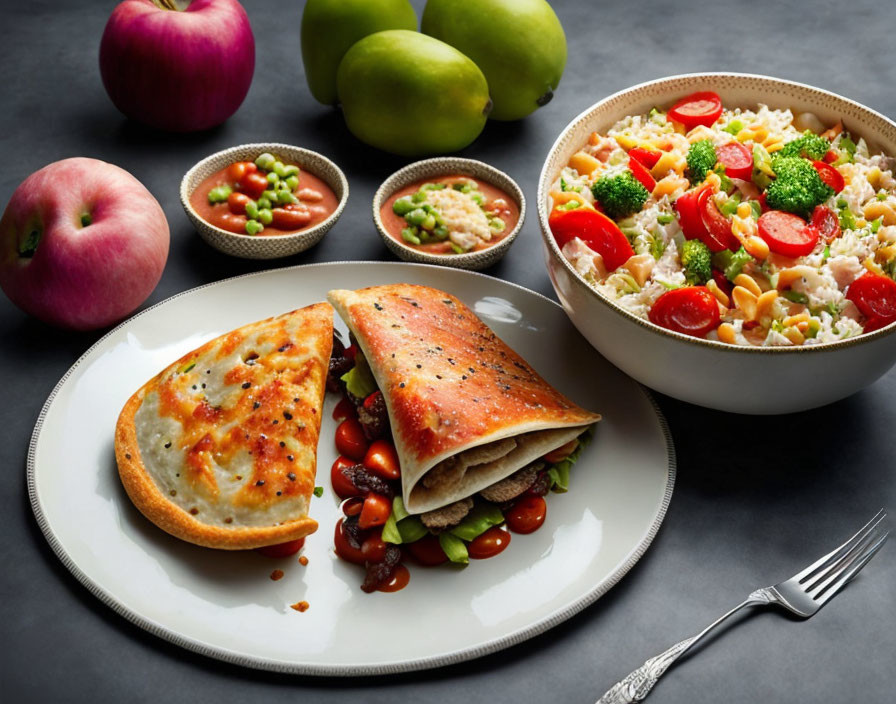 Italian cuisine: Stuffed calzone, pasta, salad, apples, and beans on dark table