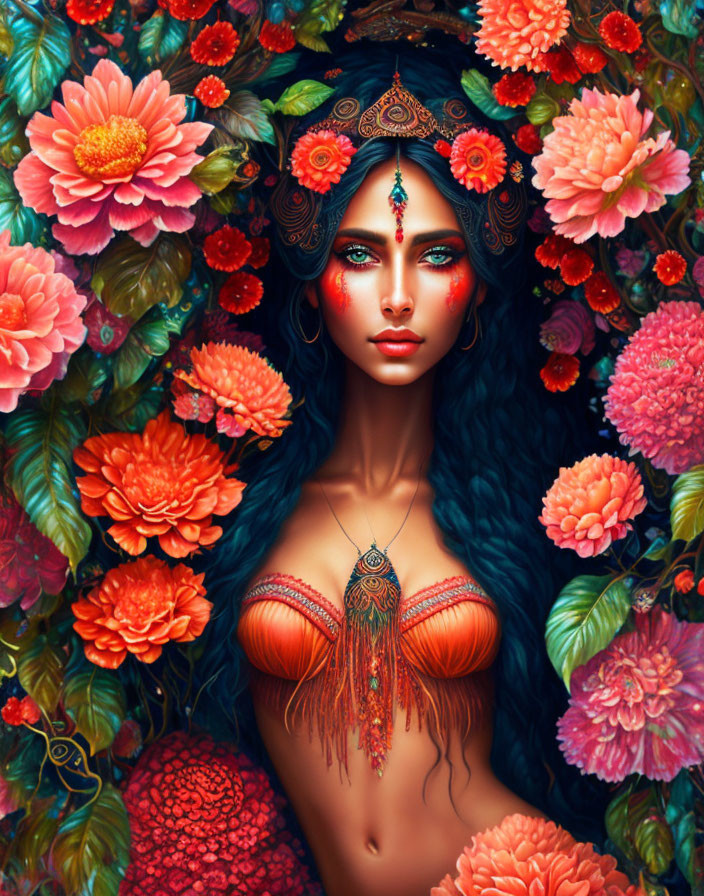 Vibrant illustration of woman with blue hair and floral adornments