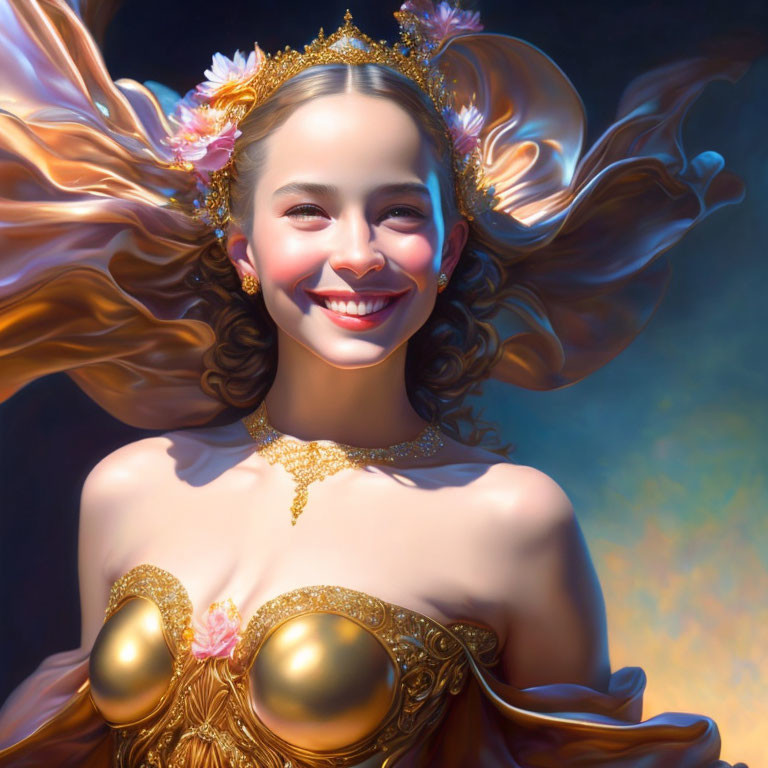 Smiling woman in fantasy outfit with gold and floral accents