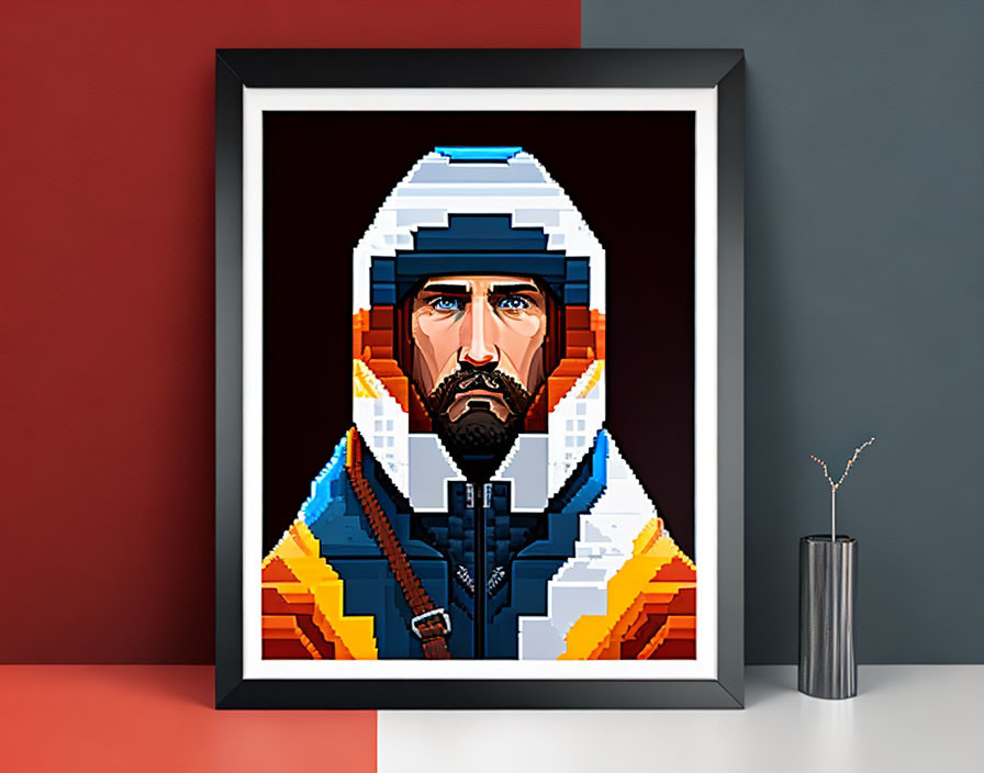 Pixel Art Portrait of Bearded Man in Hooded Jacket with Vase Display