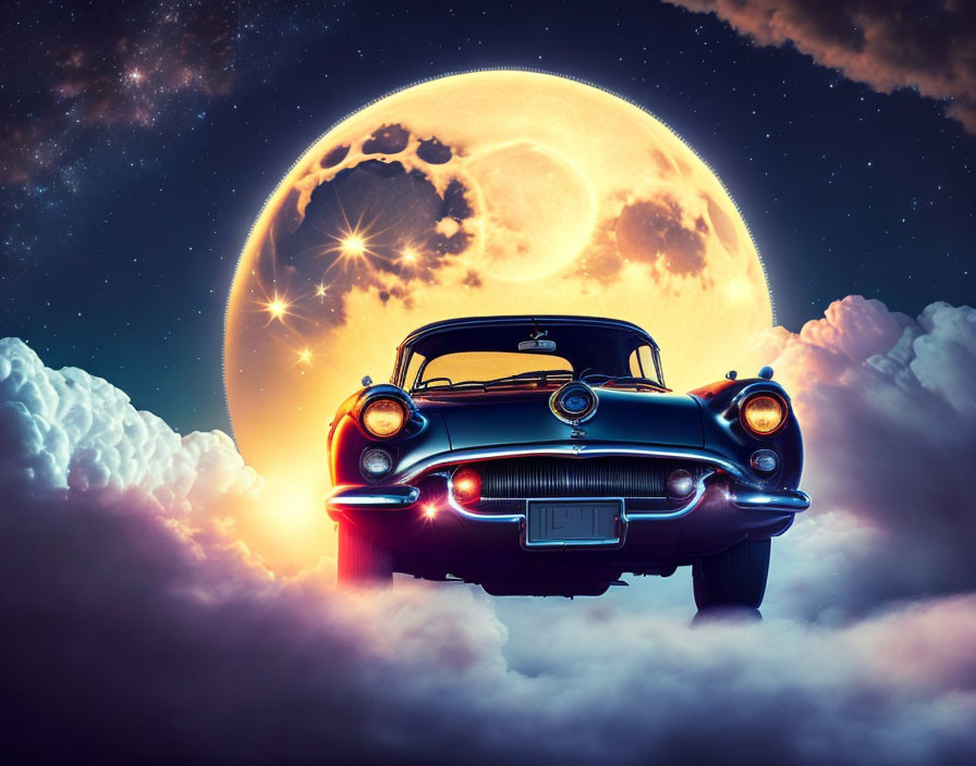 Vintage car flying over clouds with moon in cosmic scene