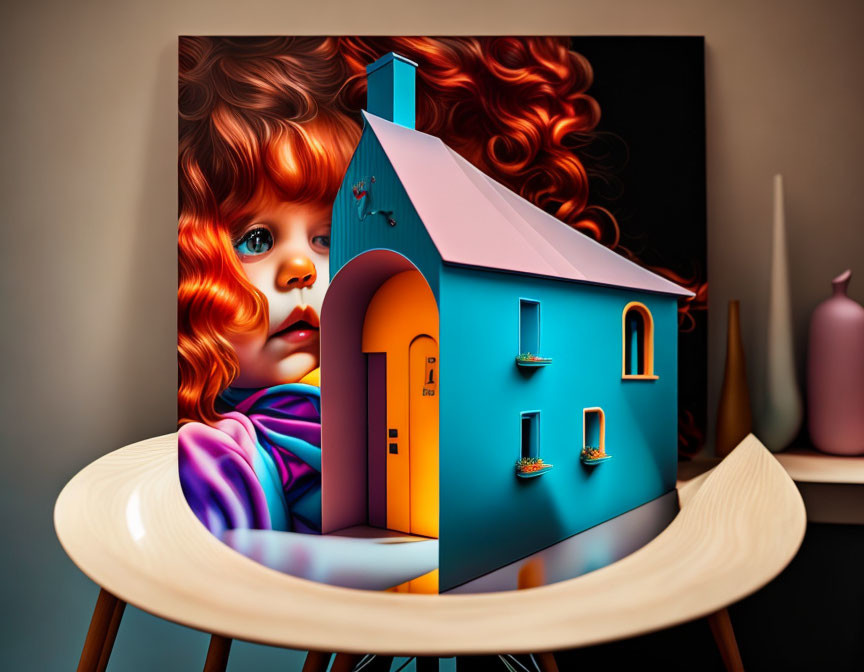 Surreal art: Girl's face merged with blue house on chair