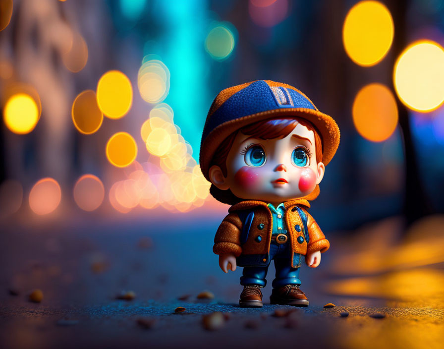 Stylized toy figure with large eyes in whimsical street scene