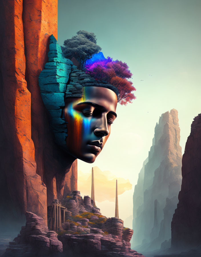 Giant head with rock sections, colorful trees, towering cliffs, and bridges