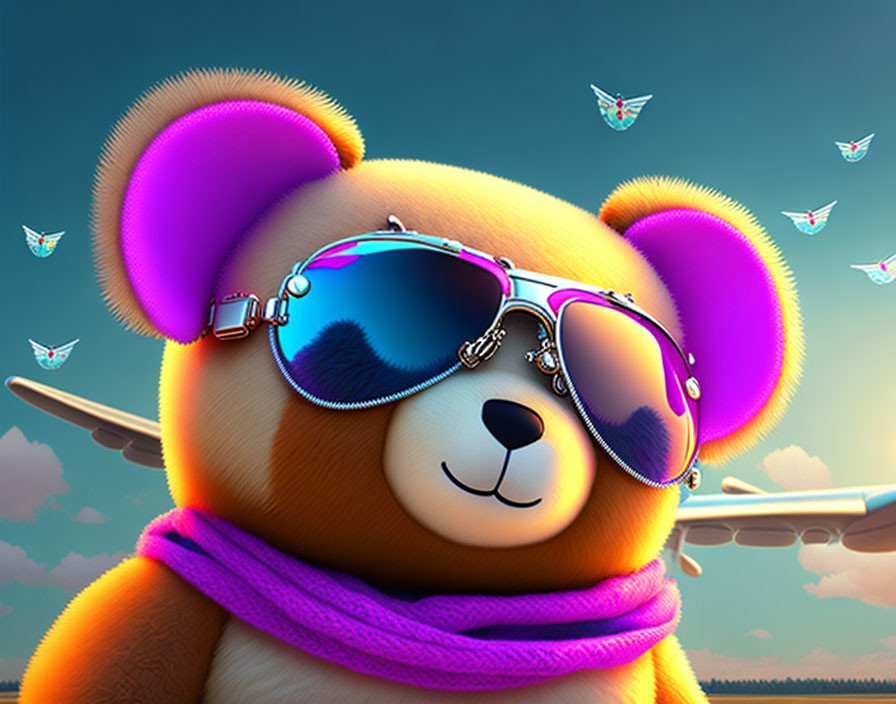 Stylish Bear with Sunglasses and Purple Scarf in Animated Scene