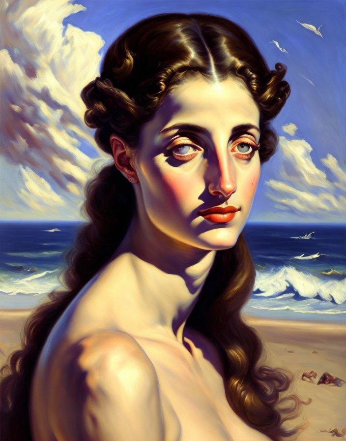 Classical portrait of a woman by the beach under a blue sky