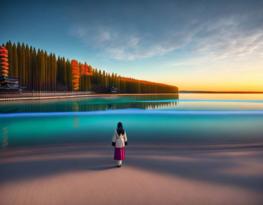 Person on Smooth Sandy Shore Gazes at Tranquil Turquoise Lake at Sunset