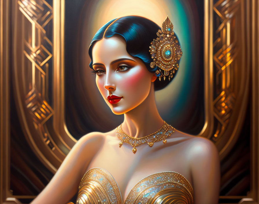 Vintage-inspired portrait of a woman with bob haircut and golden dress in Art Deco style