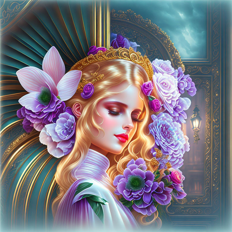 Illustrated woman with floral crown and golden tiara on blue ornate background