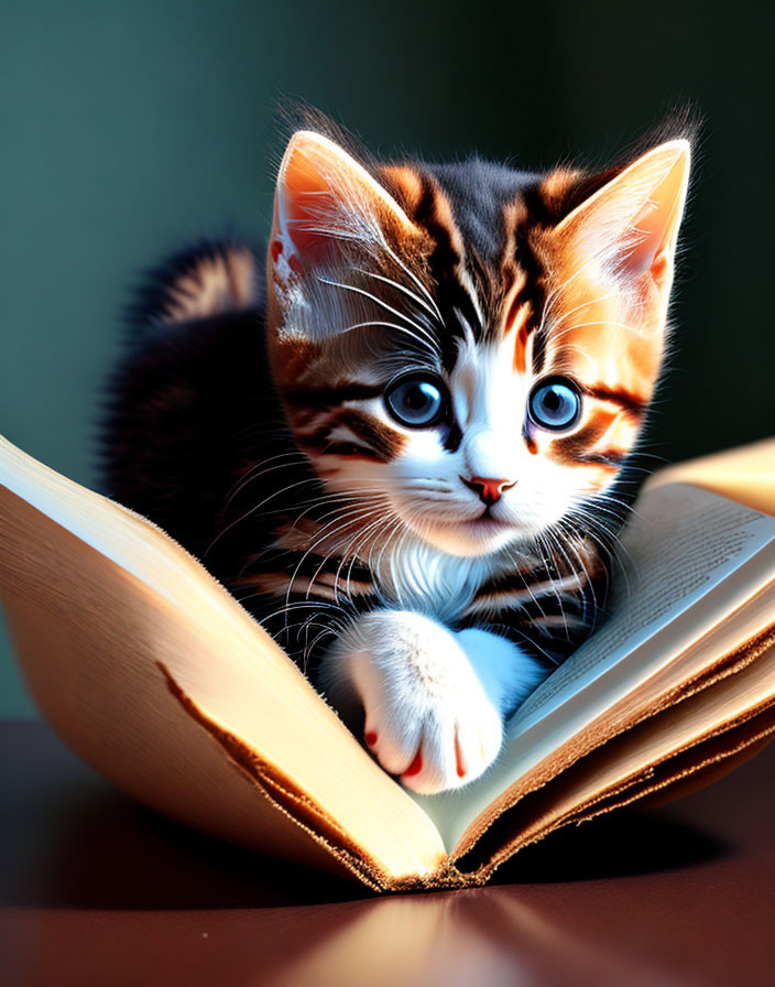 Blue-eyed kitten with brown-striped fur on open book