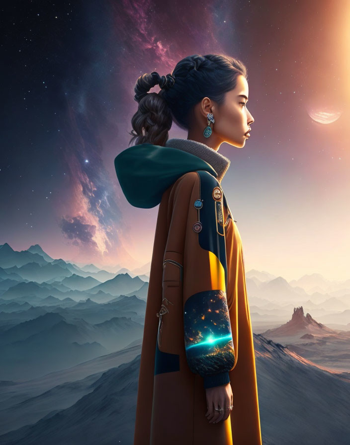 Futuristic woman admiring twilight sky over surreal landscape