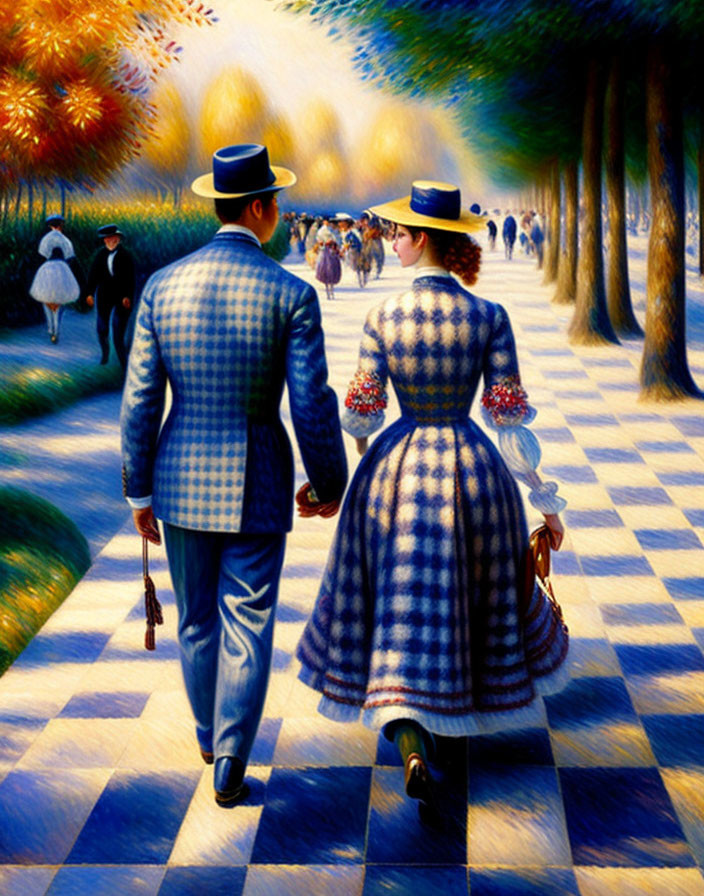 Checkered-dressed couple strolling on vibrant, tree-lined avenue with matching shadow pattern