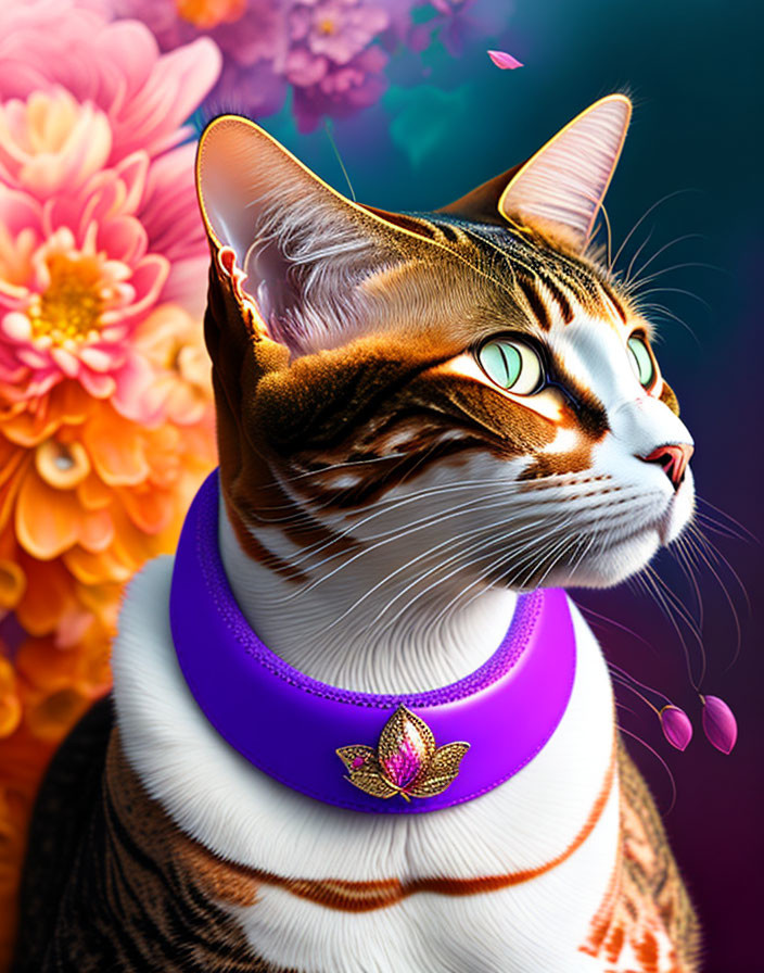 Digitally-enhanced cat with green eyes in purple collar on floral background